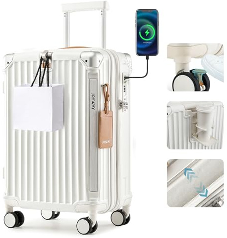 Joyway Carry On Luggage, Expandable Suitcase with Smart Cup Holder and USB Port, 20 IN Hardside Checked with TSA Lock Spinner Double Wheels, White