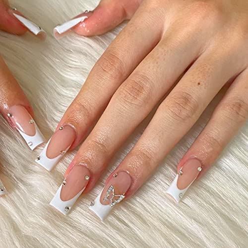 Kotkiddy 24Pcs French Tip Press on Square Long Fake Full Cover Glue on Nails with Rhinestones and Butterfly Charm Designs Glossy Stick on Nails for Women and Girls