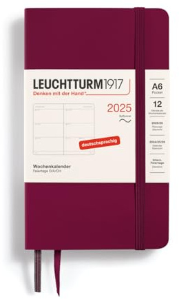 LEUCHTTURM1917 370573 Agenda semanal 2025, bolsillo A6, tapa blanda, planificador de 12 meses, 80 g, a rayas, Port Red