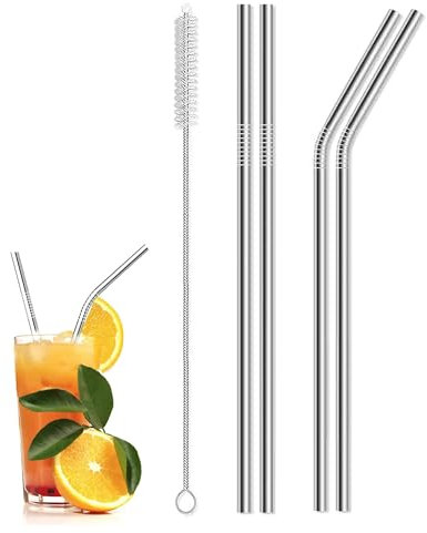 4 x Metal Stainless Steel Reusable Drinking Straws Eco Friendly + Cleaning Brush Party Summer Use Birthday Smoothie Milk Shake Water Juice Silver Bent & Straight Straws UK Free P&P
