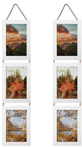 EYMPEU Marco de Foto 10X15, Marco Fotos con Cuerda para Colgar en la Pared para 6 Vertical Fotos de 10x15 cm, Blanco.