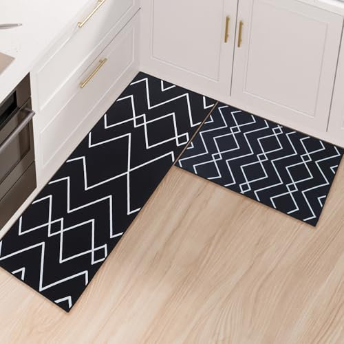 OPLERT Alfombra de Cocina Pack de 2,Alfombrilla de Cocina Anti Fatiga,Alfombrilla de Cocina Antideslizante Lavable,para Cocina,Pasillo,Salón,Dormitorio,Negro,43x75+43x120cm