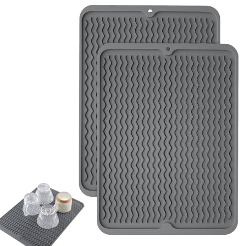 Silicone Draining Mat - 2 Pcs Dish Drying Mats, Non-Slip Silicone Draining Board Mat, Heat Resistant Dish Draining Mat for Kitchen, Dish Drainer Mat for Kitchen Counter 30 x 40cm (Grey)