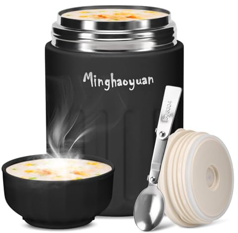 minghaoyuan Thermobehälter für Essen, 600ml Edelstahl Thermobecher Essen mit Löffel, 100% auslaufsicher, Warmhaltebehälter Essen, Mueslicup oder Babybrei Warmhaltebox (Schwarz)