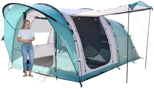 Skandika Tente Tunnel Egersund pour 3/5/7 Personnes | Tente de Camping avec/sans Technologie Sleeper, Tapis de Sol Cousu, Hauteur 2m, Colonne d'eau de 5000 mm (3 Personnes | Sleeper Protect)