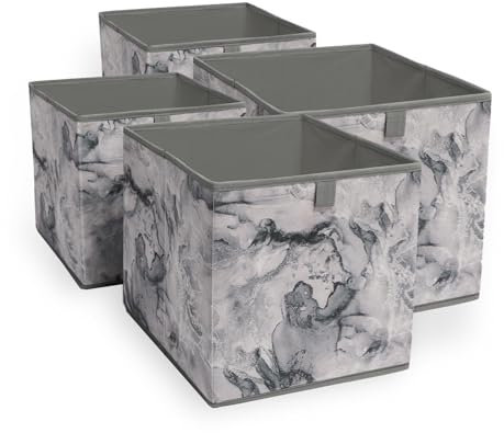 OHS Set of 4 Fabric Storage Baskets, Grey Marble Print Storage Boxes Home Organiser Toys Clothing Bathroom Pop Up Collapsible Foldable Space Saving Cube Storage
