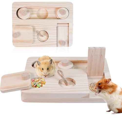 JasCherry Juguetes para Hámsters 6 en 1 con Alimentación y Forrajeo, Accesorios para Jaula de Madera Natural para Conejos, Cobayas, Jerbos, Hámsters Sirios y Enanos(A)