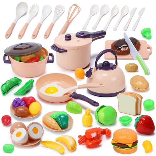 CUTE STONE 51-Piece Mini Play Kitchen Accessories for Kids, Pretend Cooking Playset with Pots, Pans, Utensils, Cutting Fun Fruits & Veggies, Learning Gift for Toddlers, Girls & Boys