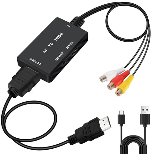 Jewan Convertidor RCA a HDMI, Adaptador AV a HDMI, 1080P RCA Compuesto CVBS Video Convertidor de Audio para PS2/SNES/VHS/Xbox/PS4/TV/VCR/DVD/Wii/Soporta PAL/NTSC