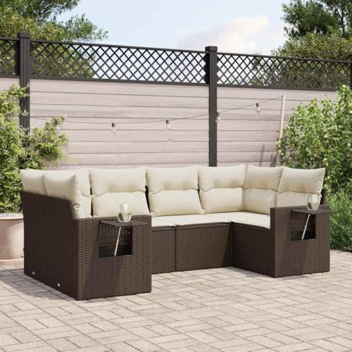 Qnhdfrt Set di 6 divani da giardino, in rattan sintetico, marrone, con cuscino crema, spazio e tavolo pieghevole per terrazza, giardino, balcone