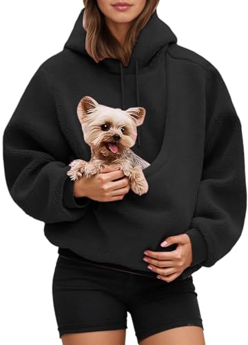 Generisch Sudadera con capucha para mujer con bolsillo para gatos, divertida, bolsa de transporte para perro, manga larga, sudadera para mujer, sudadera de invierno, transpirable, con forro polar