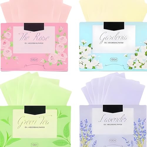 400 Face Oil Blotting Sheets for Oily Skin - Lavender, Rose, Gardenia, Green Tea Scented, Shine Control & Matte Finish Blotting Papers for All-Day Freshness