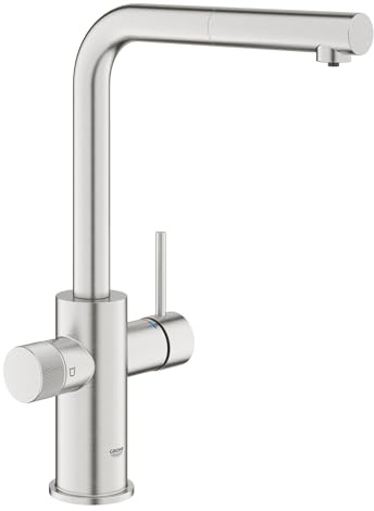 GROHE Blue Pure Minta – 3 Way Pull Out Water Filter Tap (L-Spout, Swivel Area 360°, Dedicated Filter Handle, 28mm Ceramic Cartridge, 3/8 Inch Tails, Needs a Filter Starter Set), Supersteel, 30590DC0