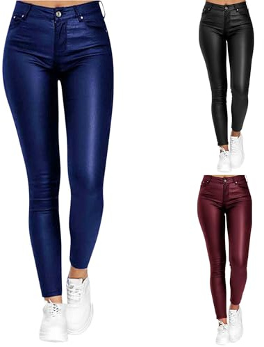 Dam Stretchiga Leggings Konstläderbyxor Hög Midja Casual Skinny Byxor Wetlook Shaping Butt Push-up PU Läder Sport Träningsbyxor Höftbyxor(Blue,S)