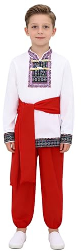 Alvivi Costume Tradizionale Russo Per Bambini Set 3 Pezzi Ricami Delicati Maglia Maniche Lunghe Pantaloni Con Elastico Vita Cintura Con Lacci Abbigliamento Nazionale Rosso Bianco 7-8 anni