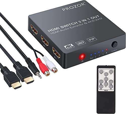 PROZOR HDMI Audio Extractor 3x1 HDMI Switch with Audio Extractor Analog Optical Output HDMI to Optical Converter Support 4K 3D with IR Remote HDMI Cable 3.5mm to 2 RCA Cable for Blu-ray DVD PS4 TV Etc
