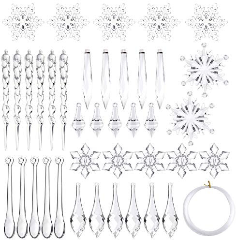 FEPITO 85 PZ Decorazione natalizia Acrilico Fiocco di neve Ghiaccioli Albero di Natale Ghiacciolo Fiocco di neve con ornamenti di linea di cristallo per decorazioni natalizie