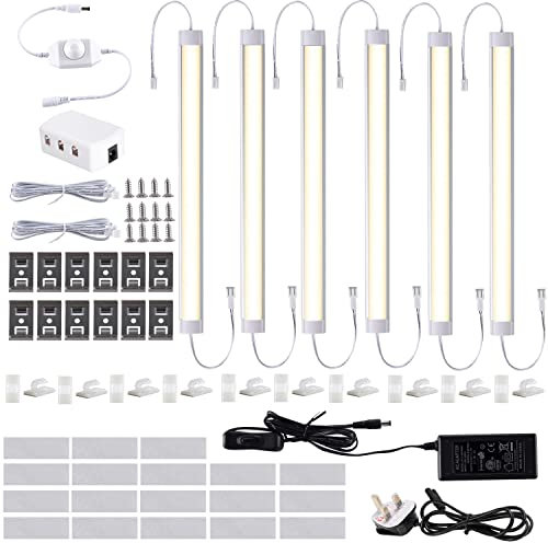 LABOREDUCER LED Under Cabinet Lighting Kit - 6 Pack Cabinet Strip Lights with Rotary Dimmer & 11Inch 24V Plug in Cupboard Lights Linkable Bar Lights for Kitchen丨Cupboard丨Counter丨Closet丨Showcase