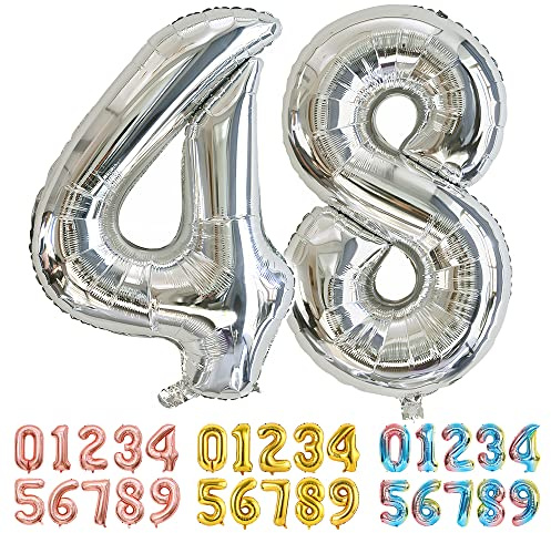 Ponmoo Foil Balloon Number 48/84 Silver, Giant Numbers 0 1 2 3 4 5 6 7 8 9 10-19 20-29 30-39 40-49 50-60-70-80-90-100, Large Balloons for Wedding Anniversary Birthday Party Decoration