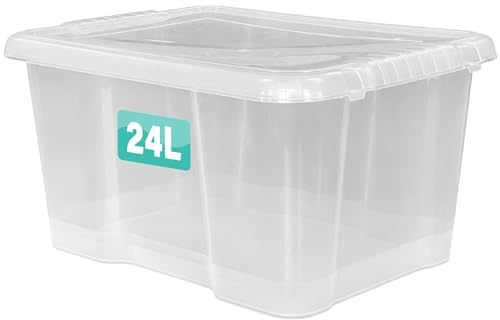 Optimal Products 1 x 24 Litre Clear Plastic Storage Box With Lids UK BRITISH MADE Home Office Stackable Transparent Plastic Boxes, Size 5,11,24,28,35,45,62 Litre