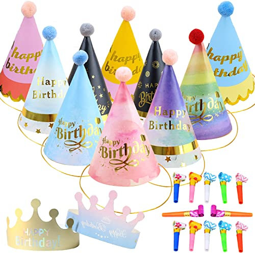 YOUYIKE 24 Stücke Kinder Partyhüte Set, Papier Krone Hut Party Kegel Hüte Kindergeburtstag Tröte, Partyhüte Geburtstag Dekoration Set für Familienfeiern für Kinder und Erwachsene
