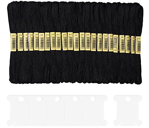 Embroidery Threads 25 Skeins Black, AUERVO Embroidery Floss, Cross Stitch Threads, Friendship Bracelet Thread，Crafts Floss Rainbow Color with 6 Embroidery Bobbins