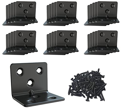 Svarta hörnfästen i rostfritt stål med 180 st skruvar, fogvinkelfäste, L-form slitstark metallhörnstöd för trästolsmöbler (30 st) (1,5 x 1,18 x 1,18 x 0,06)