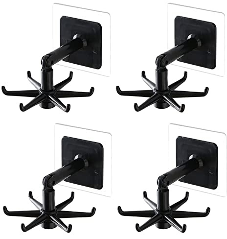 HREDZEO Gancho Plegable Giratorio 360°,4 Pcs Ganchos Plegables Autoadhesivos Gancho de Almacenamiento Giratorio de 6 Garras Ganchos de Cocina Multiusos Impermeables para Cocina Baño Colgante