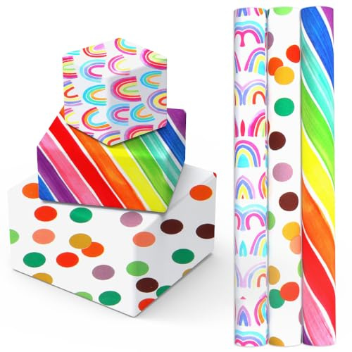 Birthday Wrapping Paper Rolls, 3 Rolls Happy Birthday Wrapping Paper 43 x 300cm, Gift Wrapping Paper Rolls, Kraft Gift Wrapping Paper For Party, Wedding Gift, Festive Decoration（Colour Dots)