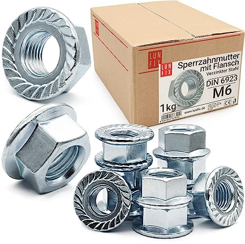 Dado Esagonale con Flangia Zigrinata M6 DIN 6923, 1 Kg (ca. 315 pezzi), Acciaio Zincato, Dado Filettato per Viti, Barre Filettate e Bulloni Metrici, Uso Professionale e Fai da Te, Lun Fix