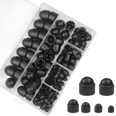 Frevoitna 145 Stück Abdeckkappen für Muttern, für M4-M12, Sechskantmutter Kappe, Sechskantschrauben Schraubenkappe Kunststoff, Innensechskant hutmuttern Schwarz, Runde Sechskant Schutzkappen, Boxed