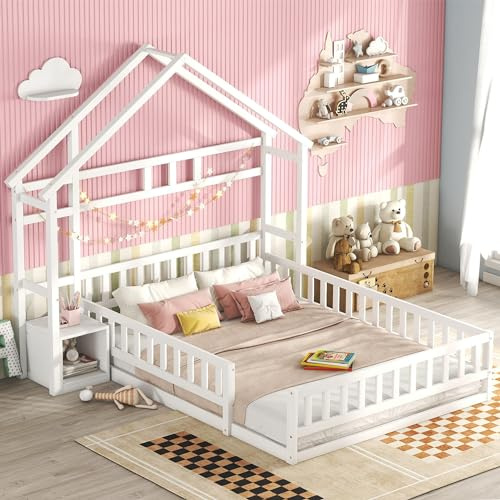 WIZBED Kinderbett Hausbett 140x200cm, Bodenbett mit Geländer & Lattenrost & Nachttischen, Funktionsbett mit Stauraum, Holz Baumhausbett für Mädchen & Jungen, Ohne Matratze