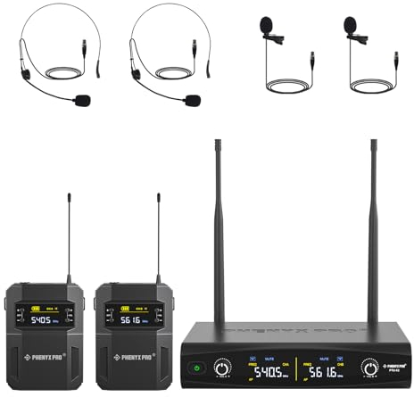Phenyx Pro UHF Wireless Microphone System w/ 2x30 Frequencies, Metal Cordless Mic Set, 2 Bodypacks & Headsets/Lapel Microphones for Speaking, Singing, Church, DJ (PTU-52-2B)
