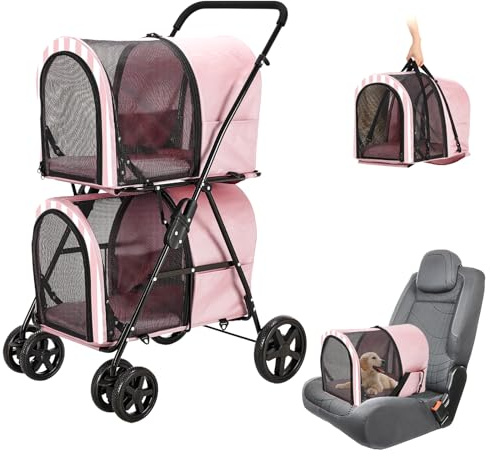 LPOTIUS Double Pet Stroller for Dogs and Cats with 2 Detachable Carrier, Quick-Folding Dog Stroller for Medium Small Dogs Cats, 4 Wheels, Light Pink