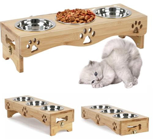 WPAJIRZO Katzennapf erhöht 3er Set - Edelstahl-Näpfe für Wasser & Futter mit Höhenverstellbarem Holzständer - Ergonomische Futterstation für Katzen & Welpen