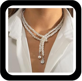 Wendalern Collier Pendentif en Y Ras Du Cou Strass et Perles Lariat - Bijoux De Mariage Blanc Pour Femmes