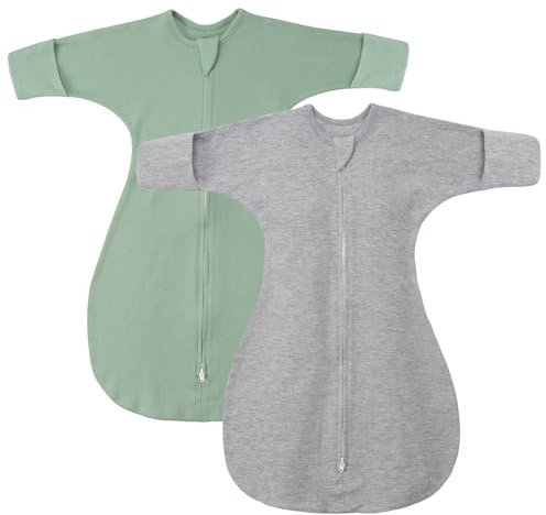 SIMYJOY 2er Pack Pucksack Baby Swaddle Schlafsack aus Baumwolle mit Arme-hoch-Design & Doppelreißverschluss, halblange Ärmel & Fäustlingbündchen,Grün&Grau