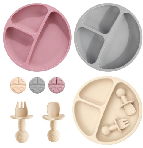 Piatto Svezzamento con Ventosa per Bambini Silicone, Set Pappa Svezzamento con Forchetta e Cucchiaio, Kit Prima Pappa incl. 3 Piatti Divisi e Posate per Neonato senza BPA Antiurto (Rosa/Beige/Grigio)
