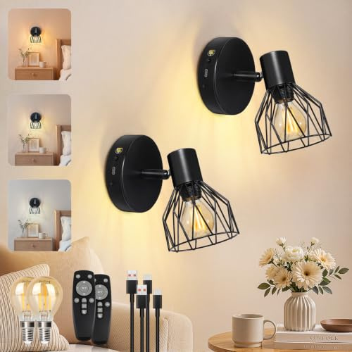 Kimjo Rechargeable Wall Lights for Living Room, Battery Wall Lights Indoor | 4000mAh Battery Operated Wall Lights for Bedroom, Black Wall Spotlights with E14 Bulbs, Wireless Wall Lamps & Sconce Set of 2