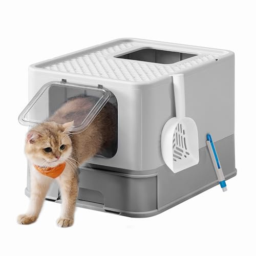 Feandrea Hidden Cat Litter Box, Cat Litter Tray with Hood, Slide-Out Tray, Scoop, Brush, Spacious for Large Cats, Max. Load 15 kg, Anti-Tracking, Anti-Leaking, Light Grey and Dove Grey PPT001GD03