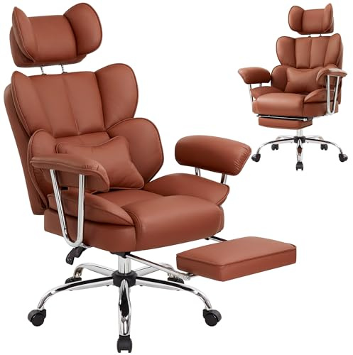 IWMH Bürostuhl Ergonomischer mit Fußstütze und Lendenwirbelstütze, PU Leder Chefsessel Bürostuhl 200KG, Drehstuhl mit Armlehnen und Kopfstütze Höhenverstellbarer(Braun)