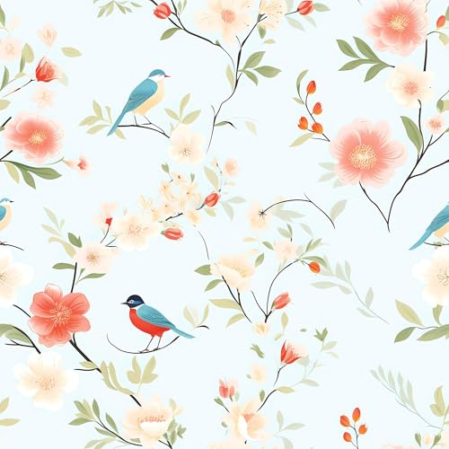 EaseStick Blue Bird Floral Wallpaper Stick and Peel Vintage Floral Contact Paper for Cabinets Living Room 17.7x160 Removable Self Adhesive Bird Contact Paper Light Blue Flower Wall Mural for Bedroom
