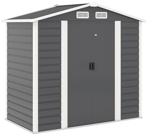 Outsunny Caseta de Jardín Exterior 2,36m² 213x120x194 cm Cobertizo de Jardín Exterior con Base Refuerzo (Suelo NO Incluido) Puertas Correderas Dobles Candado Ventanas Gris Oscuro