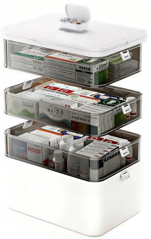 Felenny 4 Niveles Organizador de Medicamentos, Pastillero Semanal con Compartimentos Ajustables Cierre Seguro, Caja de Pastillas para Casa Oficina y Viajes (Transparente)