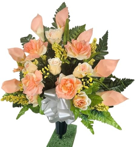 Utilizzato per bellissimo funerale o commemorativo Decora Peach Calla Lily Cemetery Cone, Fiori tombate di rose per la perfetta funerale o decorazione commemorativa 12 pacchetti Fiori artificiali