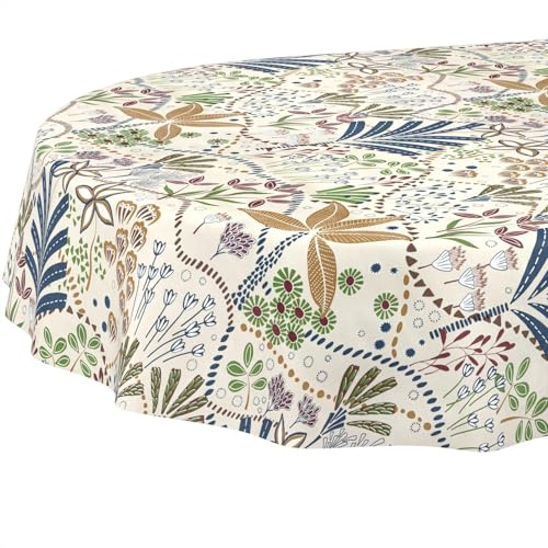 Nappe en Toile cirée - Lavable - Facile d'entretien - Imperméable - Effet Lotus - Nappe de Jardin - Ethnique - Ovale - 180 x 140 cm - Bord coupé
