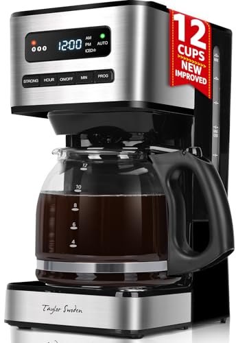 Taylor Swoden Cafetera Goteo 12 Tazas(1.8L) - Programable 24H con LED, Modo Café Helado + 3 Niveles, Jarra Borosilicato, 40 Min Mantener caliente+Autoapagado, Autolimpieza, Antigoteo, Inoxidable, 900W