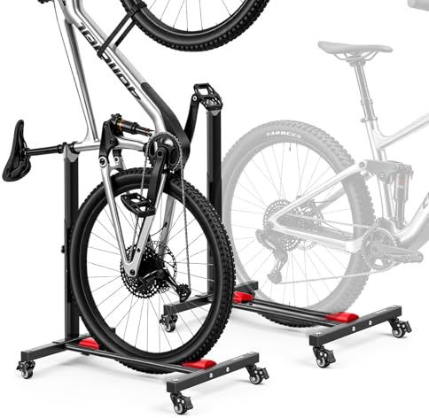 VEVOR Support Vélo Vertical Lot de 2, Support de Vélo au Sol Autoportant avec Roulettes Verrouillables, Hauteur Réglable, Rangement Vertical et Horizontal, Acier au Carbone, pour Roues de 508 à 737 mm
