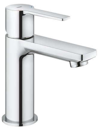 GROHE Lineare – Grifo Monomando de Lavabo de Cuerpo Liso con Vaciado Push-Open (Instalación sobre Repisa, Tamaño XS 155 mm, Cartucho Cerámico de 28 mm, Ahorro de Agua, Flexibles 3/8), Cromo, 23791001