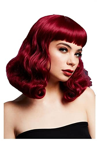 Smiffys Fever Bettie Perücke mit kurzem Pony, Pflaume, Wellig und schulterlang mit Mittelscheitel, 32cm Halloween
